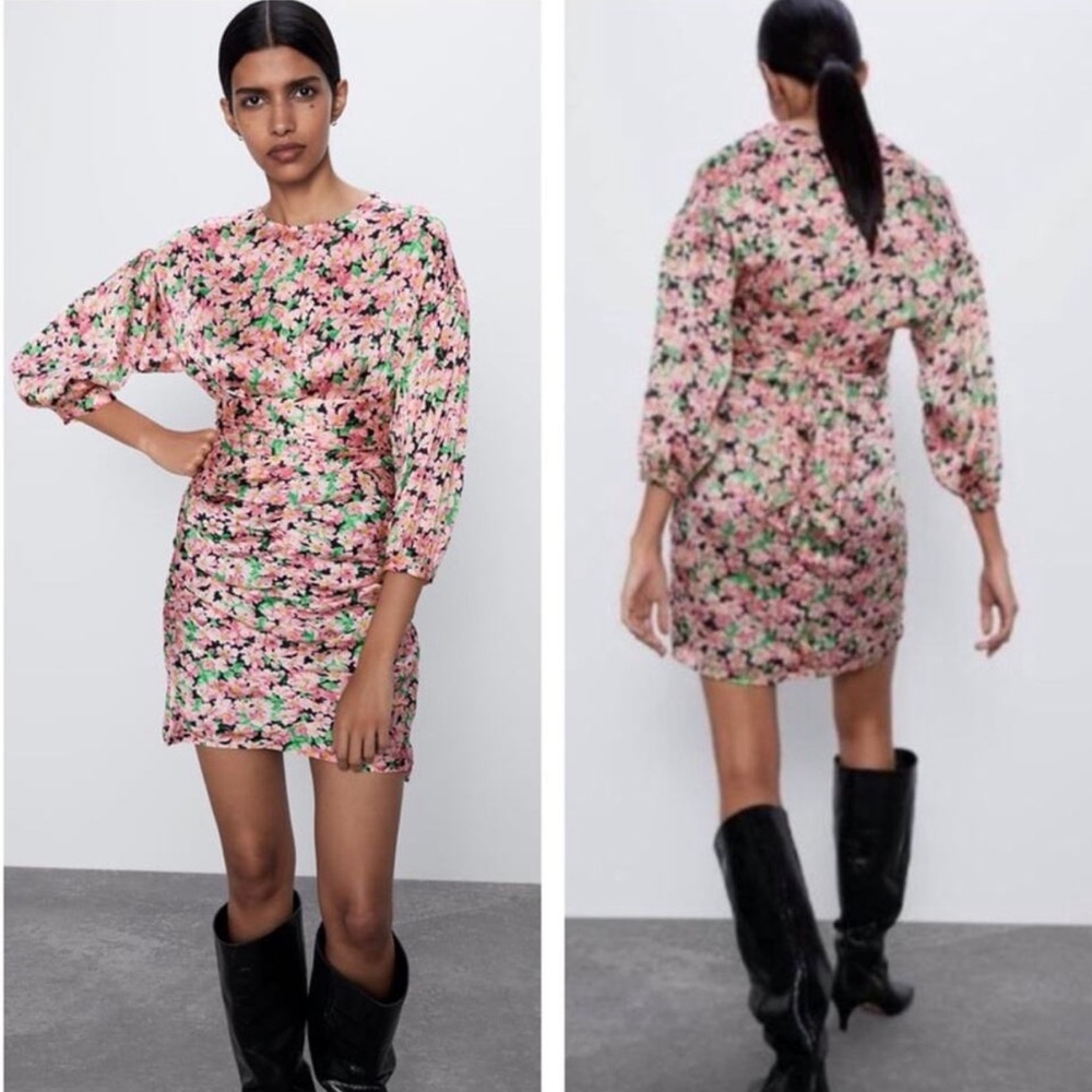 Zara Pink Floral Long Sleeve Mini Dress with Green Accents